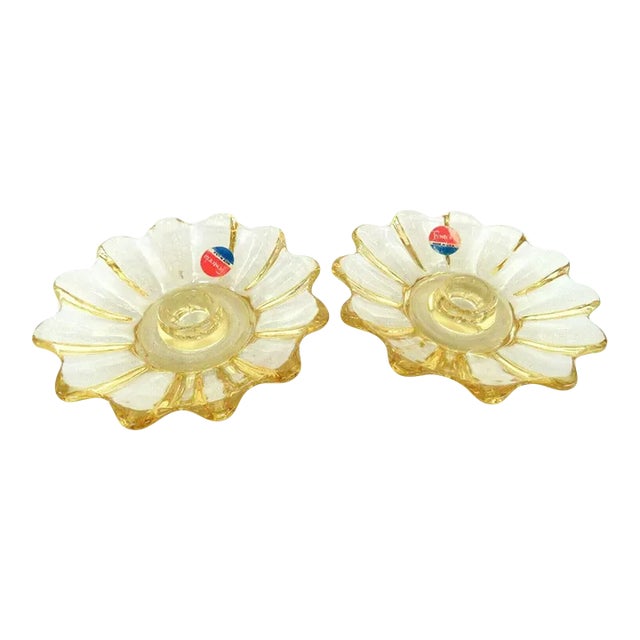 Fostoria Celestial Yellow Glass Candle Stick Holders - A Pair For Sale