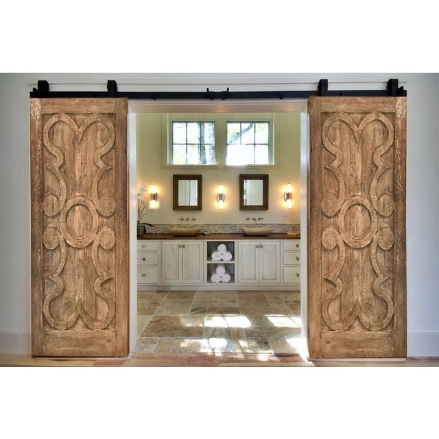 Brown Rustic Hand-Carved Solid Wood Barn Door – Classical Scroll Pattern For Sale - Image 8 of 8