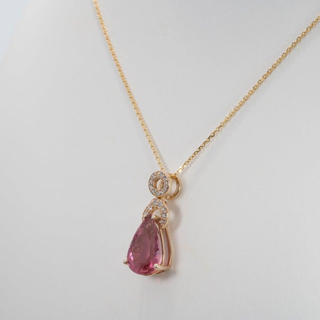 2020s 3.2Ct Pink Tourmaline Pendant With Earth-Mined Diamond Accents in Solid 14k Gold For Sale - Image 5 of 8
