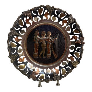 Vintage Egyptian Brass and Mixed Metals Plate of Three Musicians For Sale