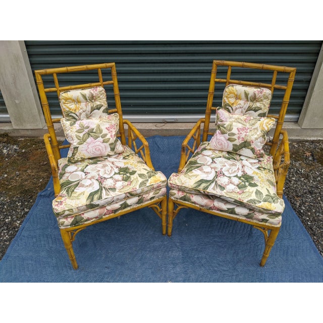 Asian Bamboo Rattan Cane Armchairs With Floral Fabric Cushions - a Pair For Sale - Image 3 of 12