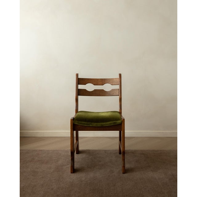 Wood Brutalist Oak Razorback Dining Chairs with Green Velvet, 1970s, Set of 4 For Sale - Image 7 of 18