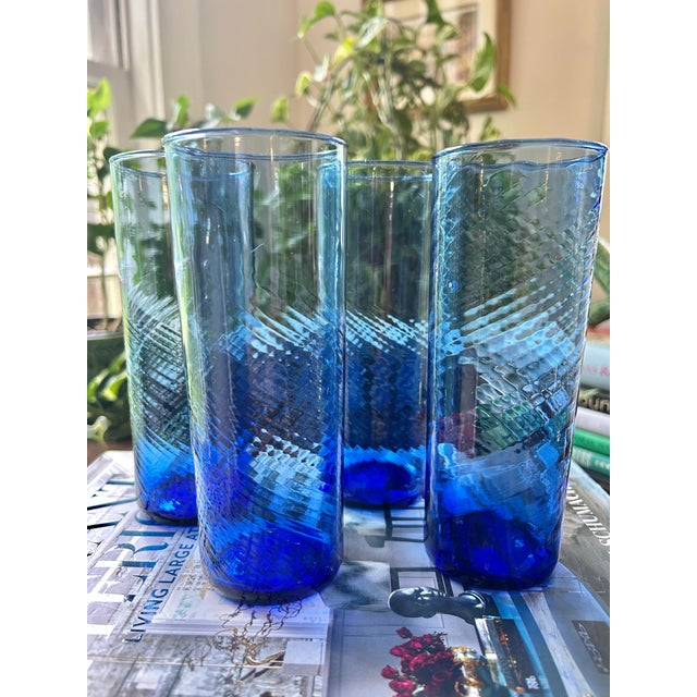 Contemporary Vintage Hand-Blown Cobalt Blue Swirl Highball Glasses – Set of 4 For Sale - Image 3 of 10