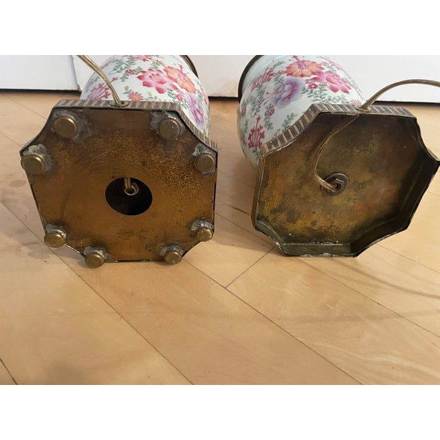 1960s Vintage Chinese Export-Style Famille Rose Porcelain Vase Mounted Table Lamps - a Pair For Sale - Image 5 of 12