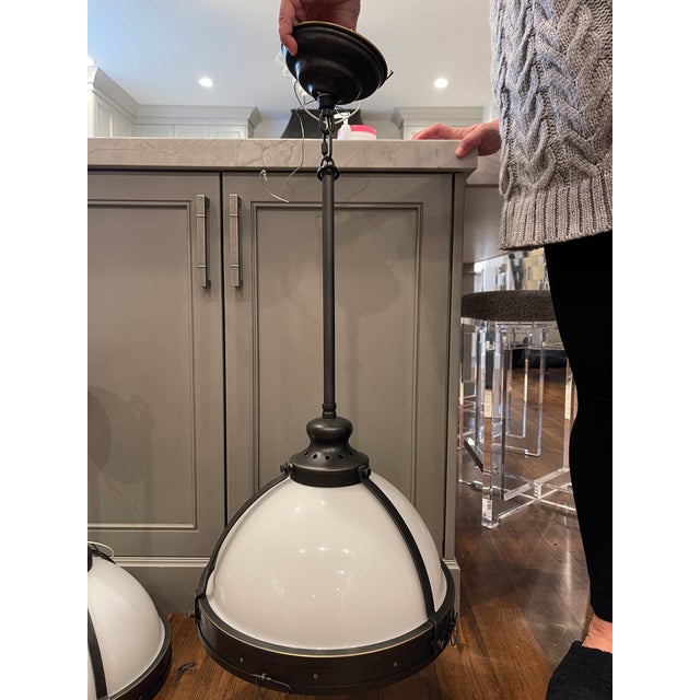 Restoration Hardware Clemson Milk Glass Pendants in Bronze a Pair