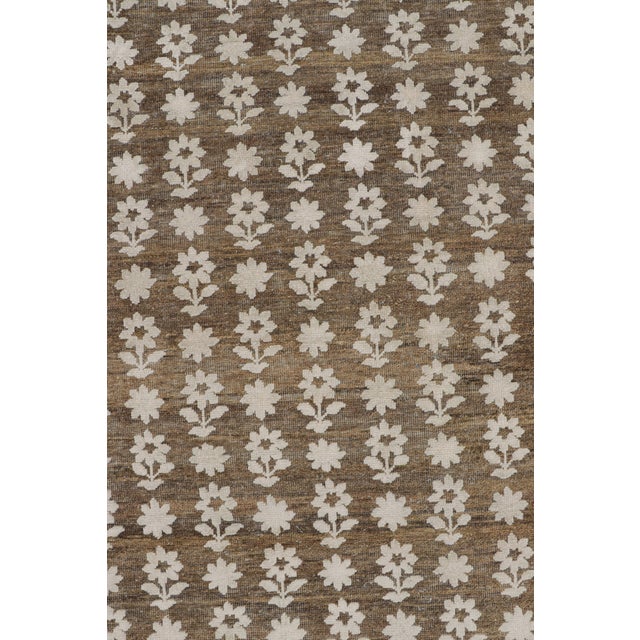 Rug & Kilim’s Modern Block Print Rug in Brown with White Floral Patterns - 5x7 For Sale In New York - Image 6 of 7