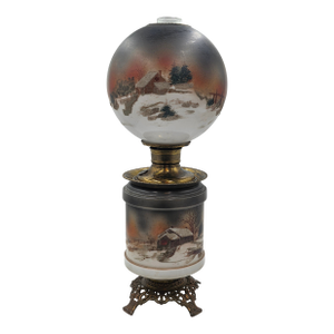 Antique Victorian 1890 Gone With the Wind Lamp Log Cabin Winter Snowy Scenery