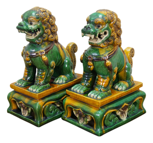 2 Chinese Green Sancai Glazed Porcelain Foo Dog Guardian Lion Statues 12"