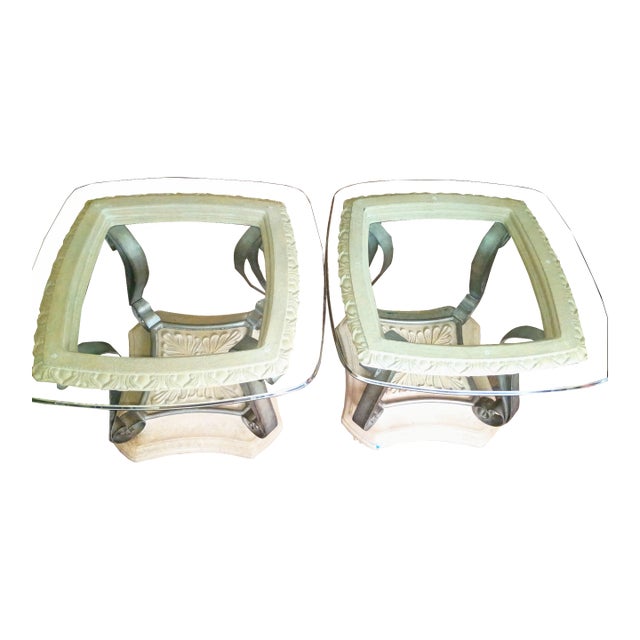 1980s Attributed to Thomasville Ornate Iron Glass Side/End Tables For Sale