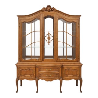 Vintage Louis XV French Country Style Oak China Display Cabinet For Sale