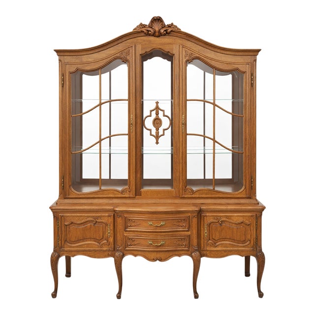 Vintage Louis XV French Country Style Oak China Display Cabinet For Sale