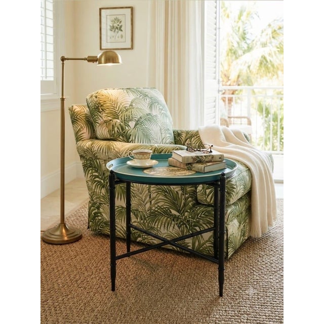 Vintage Chinoiserie-Style Teal and Black Metal Tray Table For Sale - Image 10 of 11