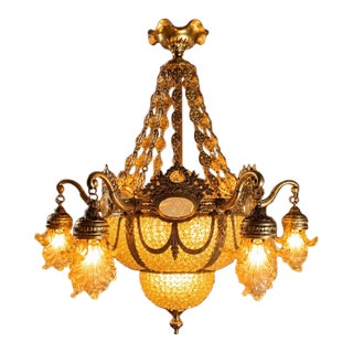1970 French Artisan Louis XVI Gold Bronze Chandelier For Sale