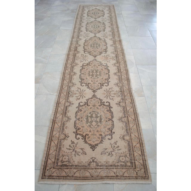 Textile Hand-Knotted Earth Tones Turkish Runner Rug Faded Colors Low Pile Hallway Decor - 2'9″x 12'7″ For Sale - Image 7 of 10