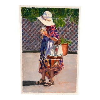 1990s Original Oil Pastel Figurative Painting, Woman in Sun Hat With Southwestern Textiles, Signed (Artists Unknown) For Sale