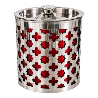 Vintage Cynthia Rowley Chrome & Red Lattice Ice Bucket For Sale