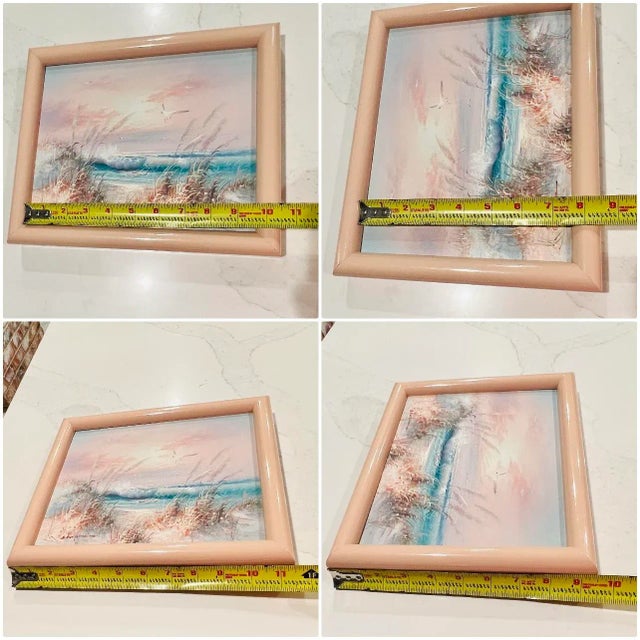Vintage Coastal Seascape Pink Sunset Breaking Waves Original Oil on Canvas Painting Signed and Framed For Sale - Image 11 of 13