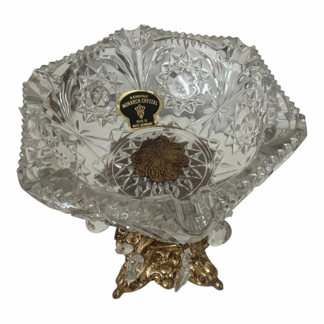 Vintage Monarch Crystal center pedestal bowl. Glass prisms hang from the pedestal. Measures 7.75” diameter x 9” h.