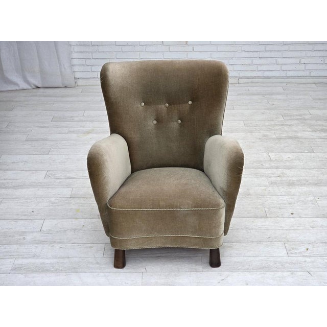 Danish Armchair in Green Velour with Oak Legs For Sale - Image 4 of 18