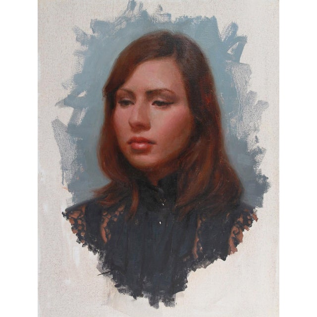 The artwork presents a portrait of a young woman with a serene expression, her gaze directed slightly downward. The soft,...