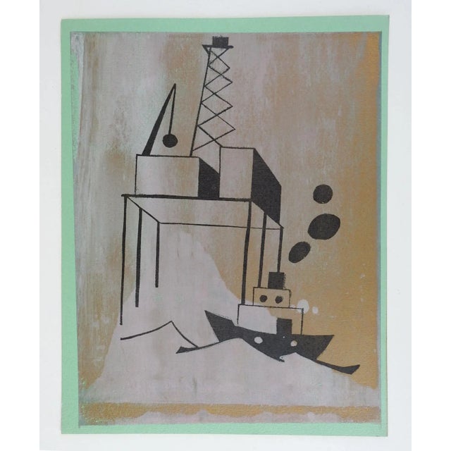 Vintage serigraph on paper of an industrial offshore oil rig and ship scene. Image in black on lavender and taupe painted...