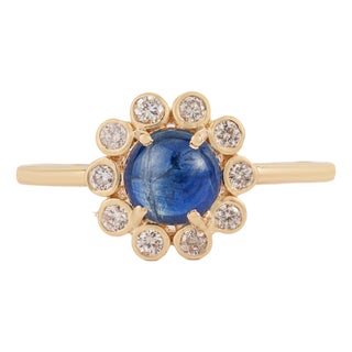 Victorian-Inspired 1.22Ct Blue Sapphire & Diamond Floral Ring in 14k Gold Size 4 For Sale