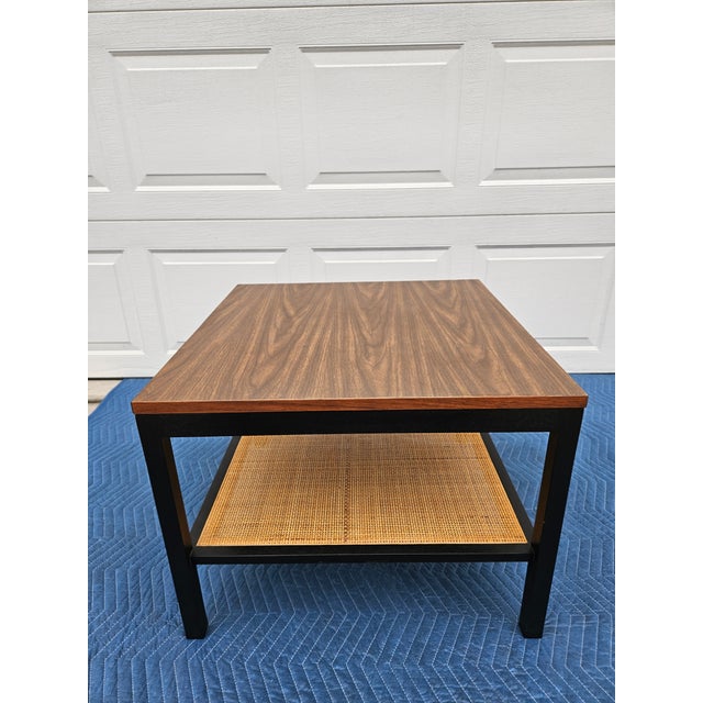 Mid-Century Modern Square Black and Rattan Faux Walnut Top Side Table For Sale - Image 3 of 12