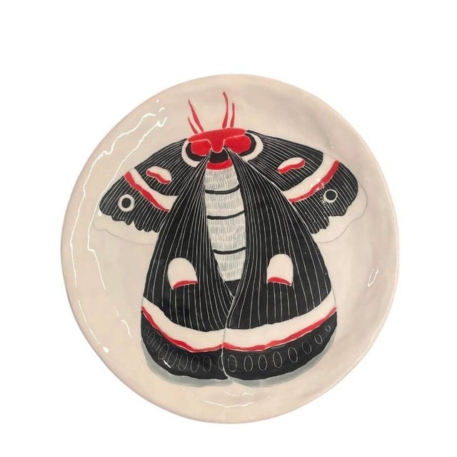 Contemporary Vintage Handmade Signed Ceramic Art Plate – Hand-Painted Cecropia Moth / Butterfly Design For Sale - Image 3 of 12