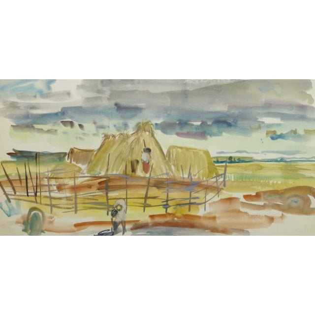 Stéphane Magnard, Watercolor Landscape - Scene of Workers and Family on a Farm For Sale - Image 4 of 4