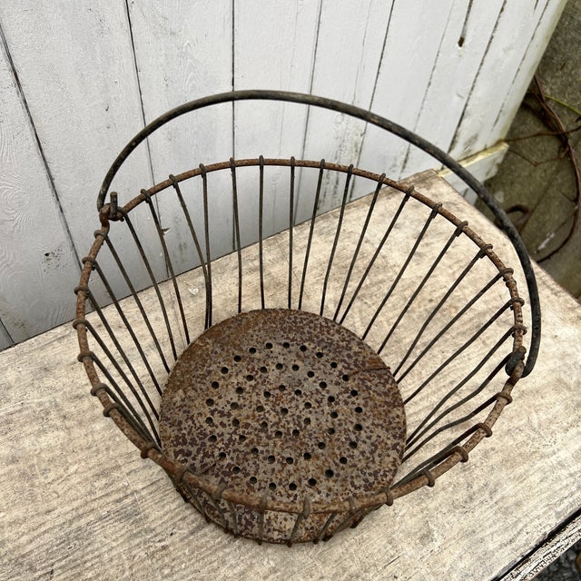 Vintage Rustic Metal Wire Egg Basket With Perforated Bottom For Sale - Image 10 of 10
