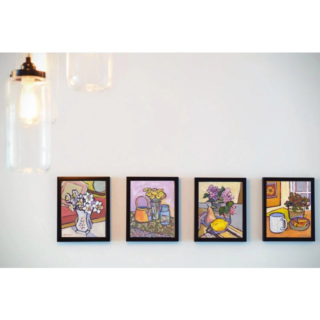 Warm unique muted hues capture the subtle beauty in a vase of daffodils in this expressive original still life oil...