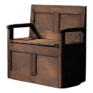 Antique French Folk Bench with Storage Chest in Wood For Sale