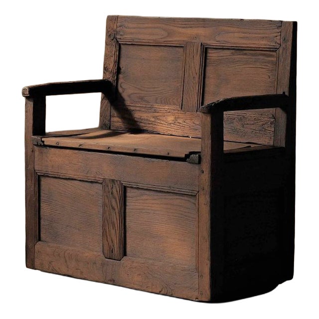 Antique French Folk Bench with Storage Chest in Wood For Sale
