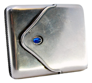 Envelope-Shaped Silver Matchbox with Central Blue Cabochon