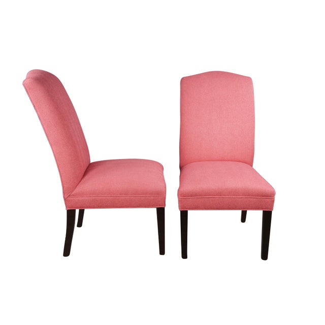 Two vintage CR Laine Dolce 1355 dining chairs featuring a striped herringbone upholstery and black tapered legs....