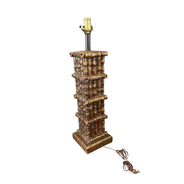 Chinoiserie Vintage Hollywood Regency Style Faux Bamboo Column Table Lamp For Sale - Image 3 of 11
