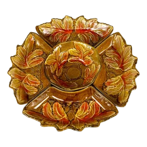 Mid-Century California Pottery Fall Foliage Centerpiece Serving Platter Set