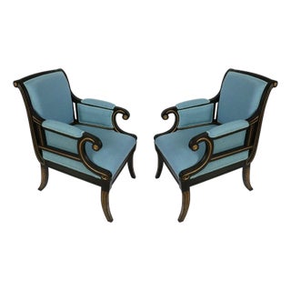 Pair of Julian Chichester Regency Style Ebonized Arm Chairs Upholstered in Raw Blue Silk For Sale