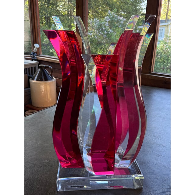 Vintage David Muniz 23" Ruby Red & Clear Lucite Art Sculpture 1996, Signed. Rare For Sale - Image 14 of 14