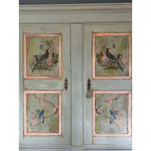 Wood Large Vintage Painted Pine Double Wardrobe with Inlaid Chinoiserie, 1890s For Sale - Image 7 of 14