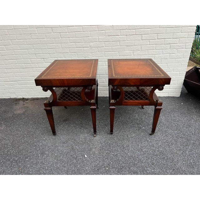 Early 20th Century Pair of George III Style Flame Mahogany Tooled Leather Top 2 Tier Side Tables. For Sale - Image 10 of 11