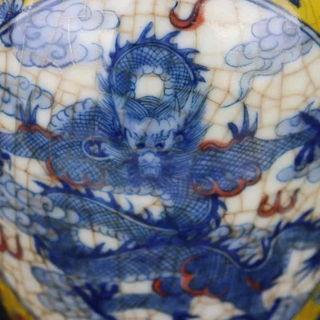 Art Deco Chinese Vintage Ceramic Pot,Qing Dynasty Kangxi Marked Yellow Ground Blue and White Porcelain Jar Hand Painted Cloud Dragon Pattern For Sale - Image 3 of 8