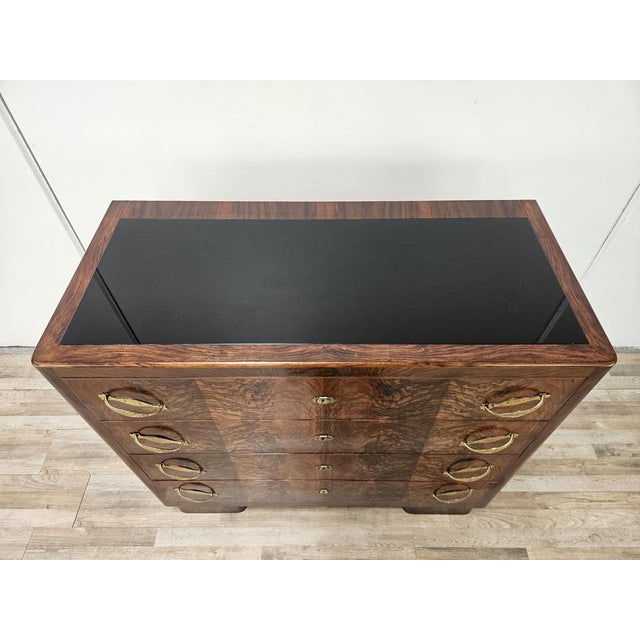 Art Deco Walnut Burl Chest of Drawers with Black Glass Top and Brass Handles, 1940 For Sale - Image 4 of 18