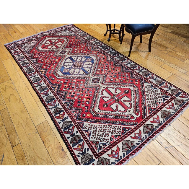 Vintage Persian Shiraz Tribal Area Rug, Hand-Knotted Wool, Geometric Pattern, Red & Ivory, 5x10 For Sale - Image 12 of 13