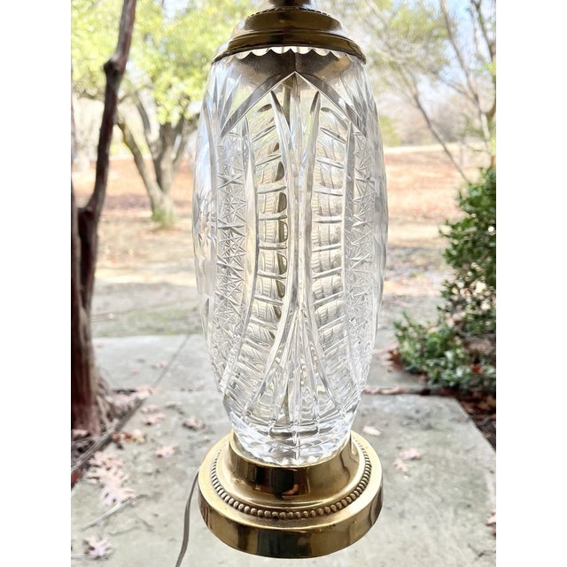 Transparent Dresden 1970s Vintage Pair of Cut Rose Flower Crystal Oval Gold Brass Lamps For Sale - Image 8 of 12