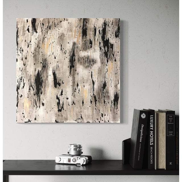 Original abstract painting by J. Kent Martin in soft beige, gray, and black tones with a weathered, atmospheric surface....