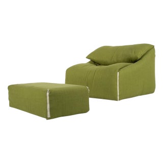 Set of Green Plumy Lounge Chair and Ottoman attributed to Annie Hiéronimus for Cinna, 1980s For Sale
