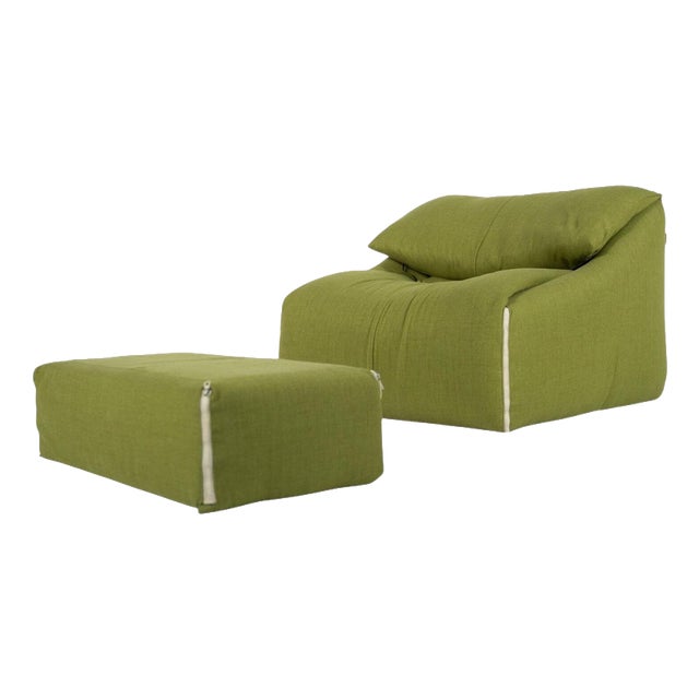 Set of Green Plumy Lounge Chair and Ottoman attributed to Annie Hiéronimus for Cinna, 1980s For Sale