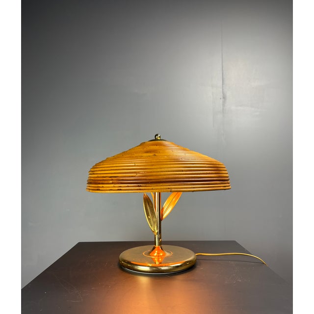 Mid-Century Pencil Reed Rattan Bamboo and Brass Flower Table Desk Lamp, Italy, 1980s For Sale - Image 4 of 15