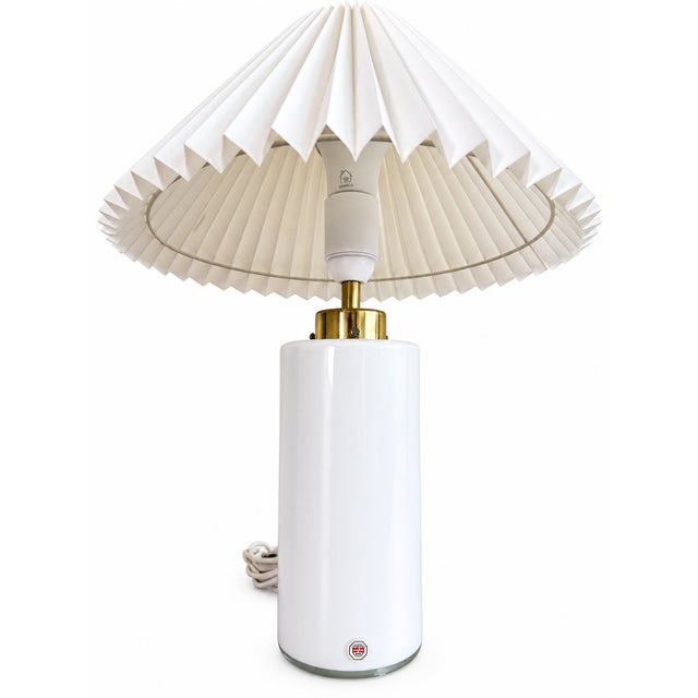 Vintage Danish White Opaline Glass Table Lamp with Brass Details, 1970s For Sale - Image 3 of 5